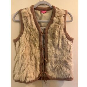 BCBGirls Vest Women Brown Rabbit Fur Wool Bow Tie Open Sleeveless